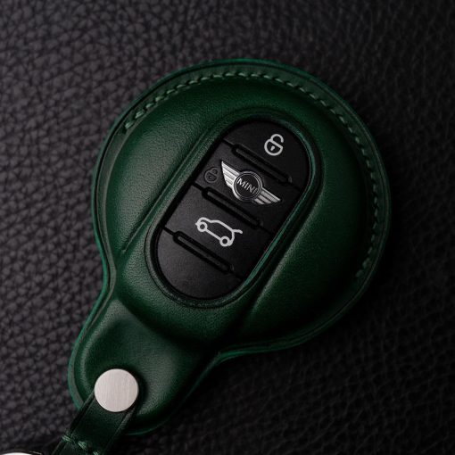 Hand-stitched Full Grain Leather Key Fob Covers for Mini Cooper. Personalize with names, logos, or phone numbers. Over 30 leather color choices.