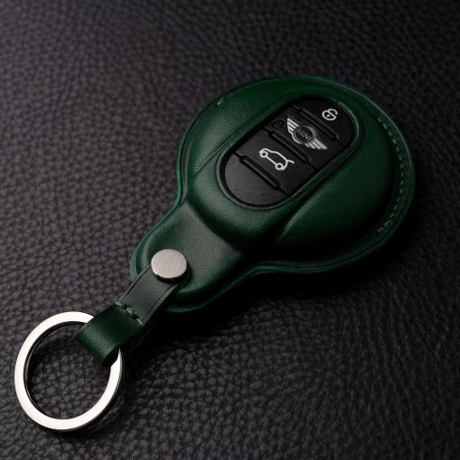 Hand-stitched Full Grain Leather Key Fob Covers for Mini Cooper. Personalize with names, logos, or phone numbers. Over 30 leather color choices.