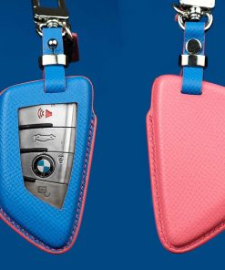 BMW Series Customizable Leather Key Fob Case. Personalized full grain leather cover for your BMW key fob with your choice of color, stamped initials or logo from LeatherSwift.com.