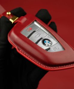 BMW Series Customizable Leather Key Fob Case. Personalized full grain leather cover for your BMW key fob with your choice of color, stamped initials or logo from LeatherSwift.com