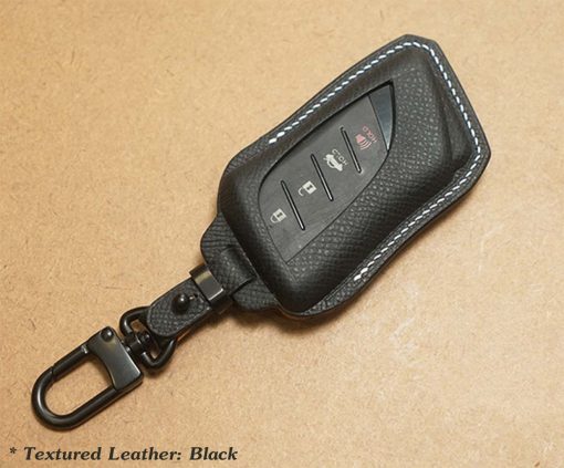 Customizable Leather Key Fob Case for Lexus. Personalized full grain leather Lexus Series key fob cover and key chain with choice of color, stamped initials, logo or phone number from LeatherSwift.com.