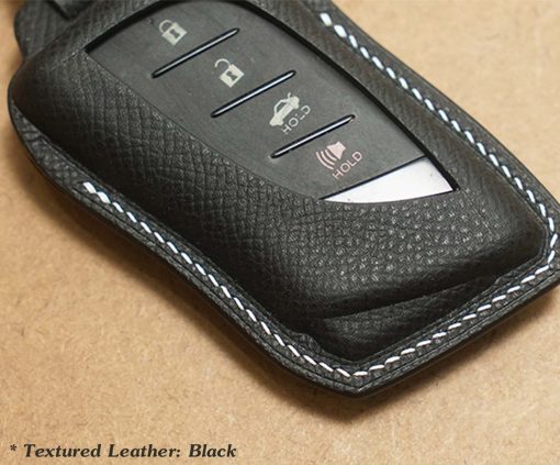 Customizable Leather Key Fob Case for Lexus. Personalized full grain leather Lexus Series key fob cover and key chain with choice of color, stamped initials, logo or phone number from LeatherSwift.com.