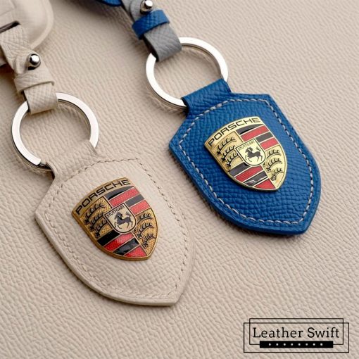 Customizable leather key fob case for Porsche Cayenne, Macan, Panamera, and 911 models, handmade with premium full grain leather by Leatherswift.