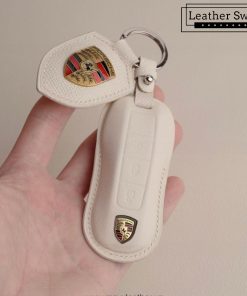 Customizable leather key fob case for Porsche Cayenne, Macan, Panamera, and 911 models, handmade with premium full grain leather by Leatherswift.