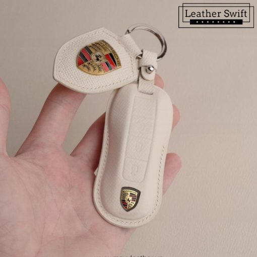 Customizable leather key fob case for Porsche Cayenne, Macan, Panamera, and 911 models, handmade with premium full grain leather by Leatherswift.