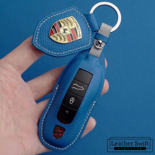 Customizable leather key fob case for Porsche Cayenne, Macan, Panamera, and 911 models, handmade with premium full grain leather by Leatherswift.