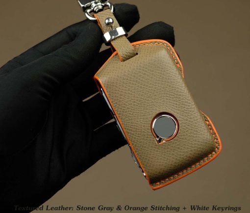 Customizable Leather Key Fob Case for Volvo. Personalized full grain leather Volvo Series key fob cover and key chain with choice of color, stamped initials, logo or phone number from LeatherSwift.com.