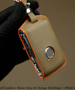 Customizable Leather Key Fob Case for Volvo. Personalized full grain leather Volvo Series key fob cover and key chain with choice of color, stamped initials, logo or phone number from LeatherSwift.com.