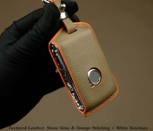 Customizable Leather Key Fob Case for Volvo. Personalized full grain leather Volvo Series key fob cover and key chain with choice of color, stamped initials, logo or phone number from LeatherSwift.com.