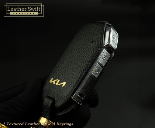 Customizable Leather Key Fob Case Cover for Kia. Personalized full grain leather Kia Series key fob holder with choice of color, stamped initials, logo or text from LeatherSwift.com.