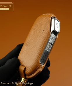 Customizable Leather Key Fob Case Cover for Kia. Personalized full grain leather Kia Series key fob holder with choice of color, stamped initials, logo or text from LeatherSwift.com.