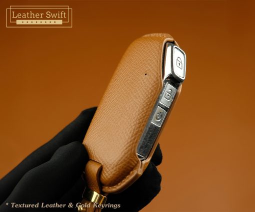 Customizable Leather Key Fob Case Cover for Kia. Personalized full grain leather Kia Series key fob holder with choice of color, stamped initials, logo or text from LeatherSwift.com.