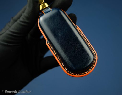 Customizable full-grain leather key fob case for Mazda with personalized embossing option in various colors, handmade by LeatherSwift.Com