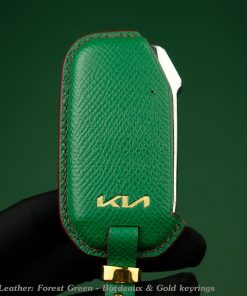 Customizable Leather Key Fob Case for KIA. Personalized full grain leather KIA Series key fob cover with choice of color, stamped initials, logo or phone number from LeatherSwift.com.