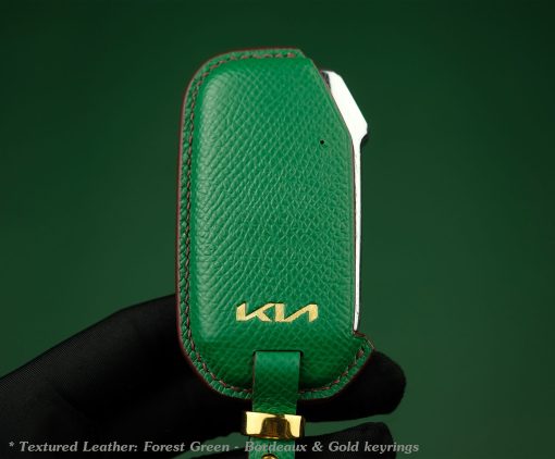 Customizable Leather Key Fob Case for KIA. Personalized full grain leather KIA Series key fob cover with choice of color, stamped initials, logo or phone number from LeatherSwift.com.