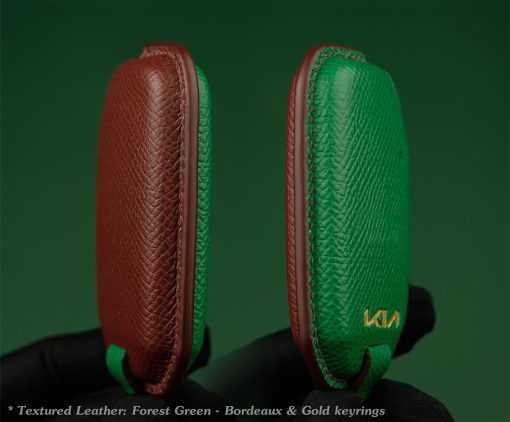 Customizable Leather Key Fob Case for KIA. Personalized full grain leather KIA Series key fob cover with choice of color, stamped initials, logo or phone number from LeatherSwift.com.