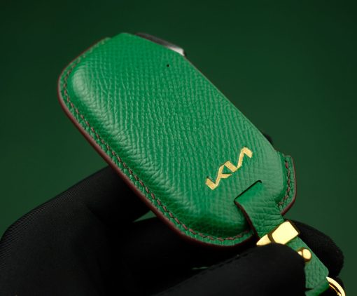 Customizable Leather Key Fob Case for KIA. Personalized full grain leather KIA Series key fob cover with choice of color, stamped initials, logo or phone number from LeatherSwift.com.