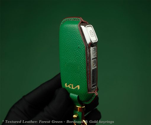 Customizable Leather Key Fob Case for KIA. Personalized full grain leather KIA Series key fob cover with choice of color, stamped initials, logo or phone number from LeatherSwift.com.