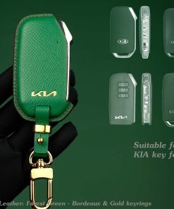 Customizable Leather Key Fob Case for KIA. Personalized full grain leather KIA Series key fob cover with choice of color, stamped initials, logo or phone number from LeatherSwift.com.