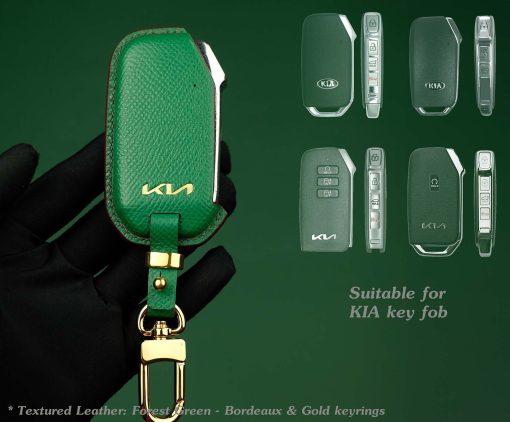 Customizable Leather Key Fob Case for KIA. Personalized full grain leather KIA Series key fob cover with choice of color, stamped initials, logo or phone number from LeatherSwift.com.