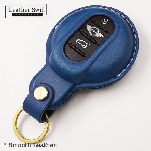 Customizable leather key fob case for Mini Cooper by LeatherSwift, handmade with premium full-grain leather in over 30 colors, personalized with a name, phone number, or logo.