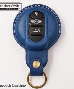 Customizable leather key fob case for Mini Cooper by LeatherSwift, handmade with premium full-grain leather in over 30 colors, personalized with a name, phone number, or logo.