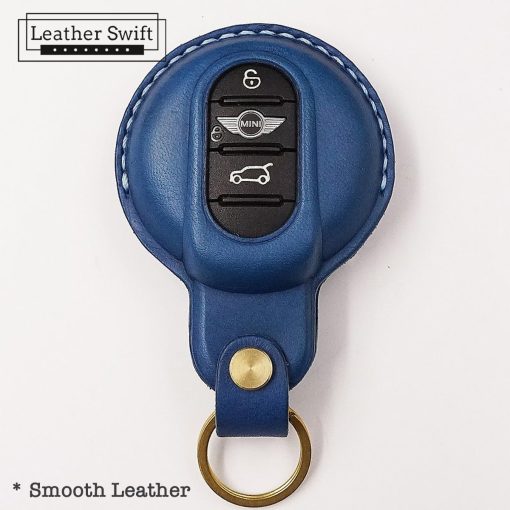 Customizable leather key fob case for Mini Cooper by LeatherSwift, handmade with premium full-grain leather in over 30 colors, personalized with a name, phone number, or logo.