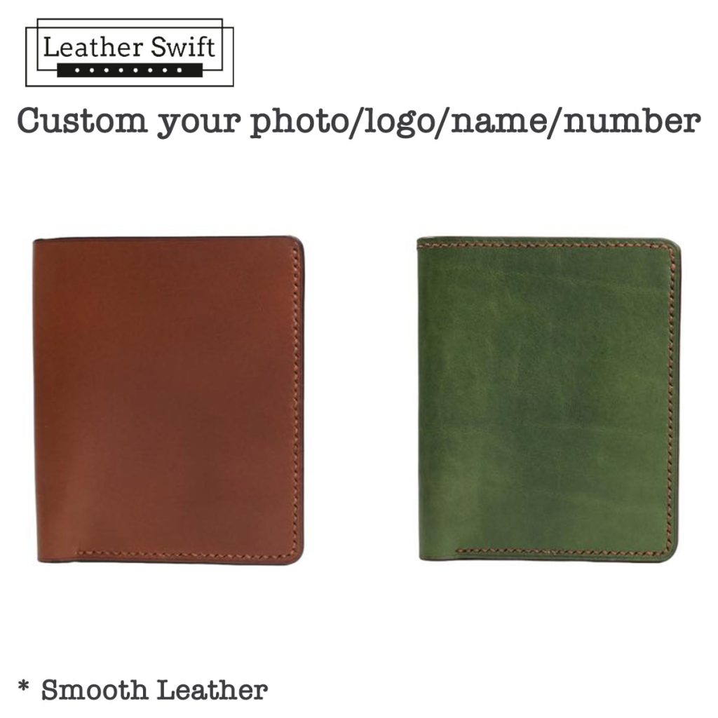 Personalized leather wallet handmade by LeatherSwift, available in over 30 colors with custom name, phone number, or logo options.