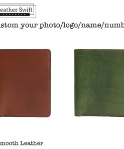 Personalized leather wallet handmade by LeatherSwift, available in over 30 colors with custom name, phone number, or logo options.