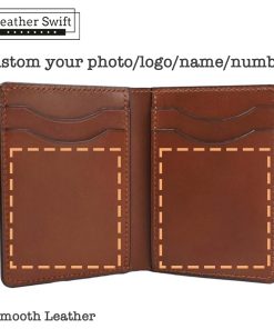 Personalized leather wallet handmade by LeatherSwift, available in over 30 colors with custom name, phone number, or logo options.