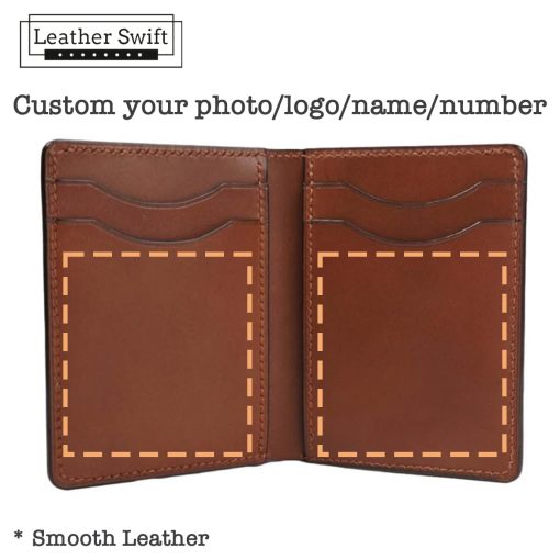 Personalized leather wallet handmade by LeatherSwift, available in over 30 colors with custom name, phone number, or logo options.