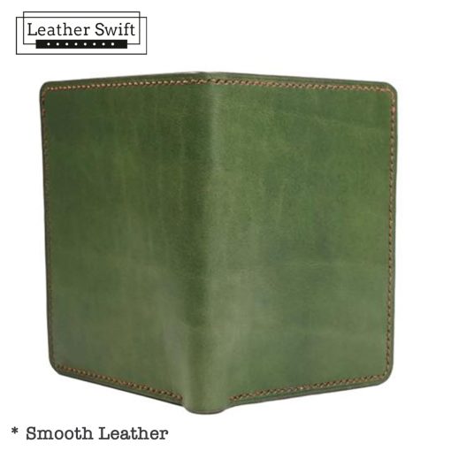 Personalized leather wallet handmade by LeatherSwift, available in over 30 colors with custom name, phone number, or logo options.