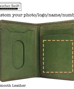 Personalized leather wallet handmade by LeatherSwift, available in over 30 colors with custom name, phone number, or logo options.