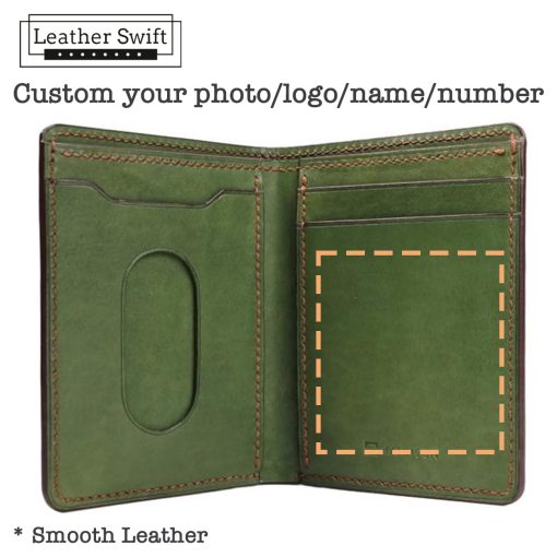 Personalized leather wallet handmade by LeatherSwift, available in over 30 colors with custom name, phone number, or logo options.