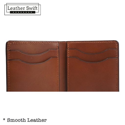 Personalized leather wallet handmade by LeatherSwift, available in over 30 colors with custom name, phone number, or logo options.