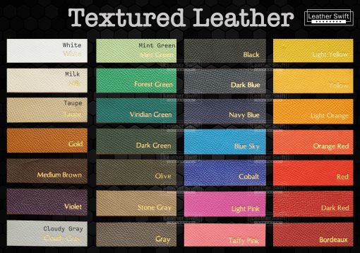 leatherswift.com Textured leather chart, over 30 leather colors and stitching, custom name on leather case