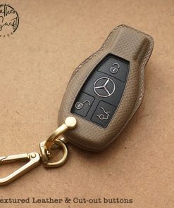 Custom leather key covers by Leather Swift for Mercedes keys including GLC, GLS, GLE, and other models, available in 60 unique colors, showcasing personalized high-quality natural leather craftsmanship - Leatherswift.com