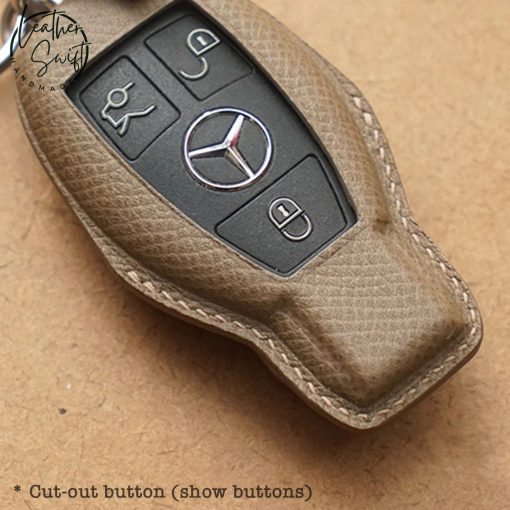 Custom leather key covers by Leather Swift for Mercedes keys including GLC, GLS, GLE, and other models, available in 60 unique colors, showcasing personalized high-quality natural leather craftsmanship.