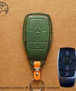 Custom leather key covers by Leather Swift for Mercedes keys including GLC, GLS, GLE, and other models, available in 60 unique colors, showcasing personalized high-quality natural leather craftsmanship.