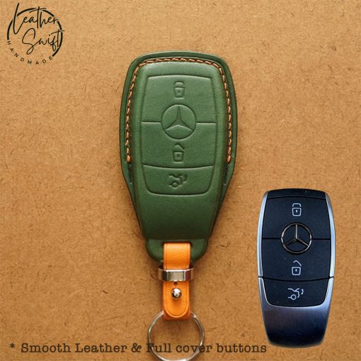 Custom leather key covers by Leather Swift for Mercedes keys including GLC, GLS, GLE, and other models, available in 60 unique colors, showcasing personalized high-quality natural leather craftsmanship.