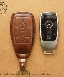 Custom leather key covers by Leather Swift for Mercedes keys including GLC, GLS, GLE, and other models, available in 60 unique colors, showcasing personalized high-quality natural leather craftsmanship.