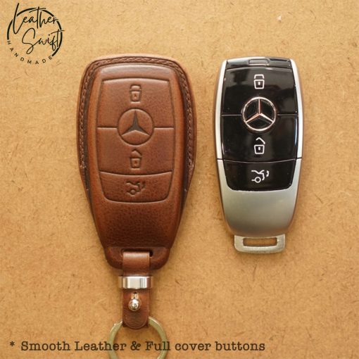 Custom leather key covers by Leather Swift for Mercedes keys including GLC, GLS, GLE, and other models, available in 60 unique colors, showcasing personalized high-quality natural leather craftsmanship.