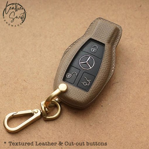 Custom leather key covers by Leather Swift for Mercedes keys including GLC, GLS, GLE, and other models, available in 60 unique colors, showcasing personalized high-quality natural leather craftsmanship - Leatherswift.com