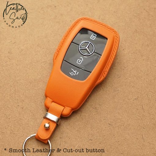 Custom leather key covers by Leather Swift for Mercedes keys including GLC, GLS, GLE, and other models, available in 60 unique colors, showcasing personalized high-quality natural leather craftsmanship.