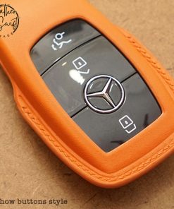 Custom leather key covers by Leather Swift for Mercedes keys including GLC, GLS, GLE, and other models, available in 60 unique colors, showcasing personalized high-quality natural leather craftsmanship.