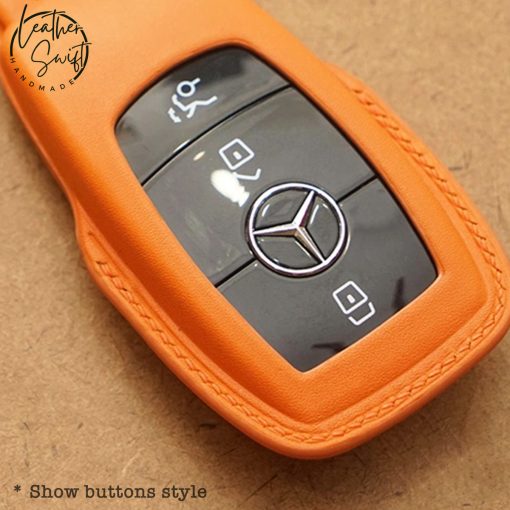 Custom leather key covers by Leather Swift for Mercedes keys including GLC, GLS, GLE, and other models, available in 60 unique colors, showcasing personalized high-quality natural leather craftsmanship.