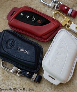 A collection of colorful Lexus leather key cases in various finishes, showcasing the personalization options available at Leather Swift.