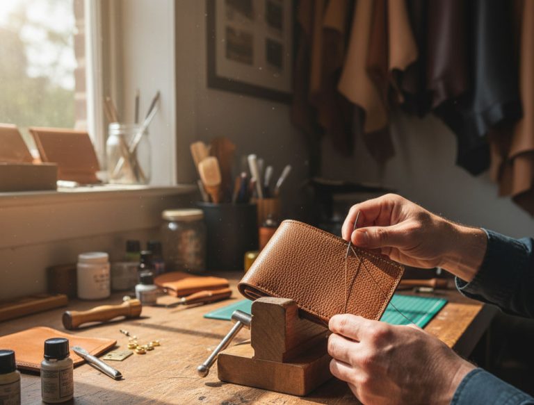 artisan hand stitching full-grain leather wallet in workshop